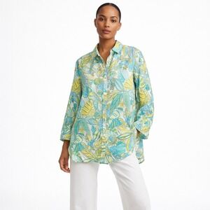 J. McLaughlin Women's Linen Button Shirt Blue Yellow XL Tropical Coastal Preppy
